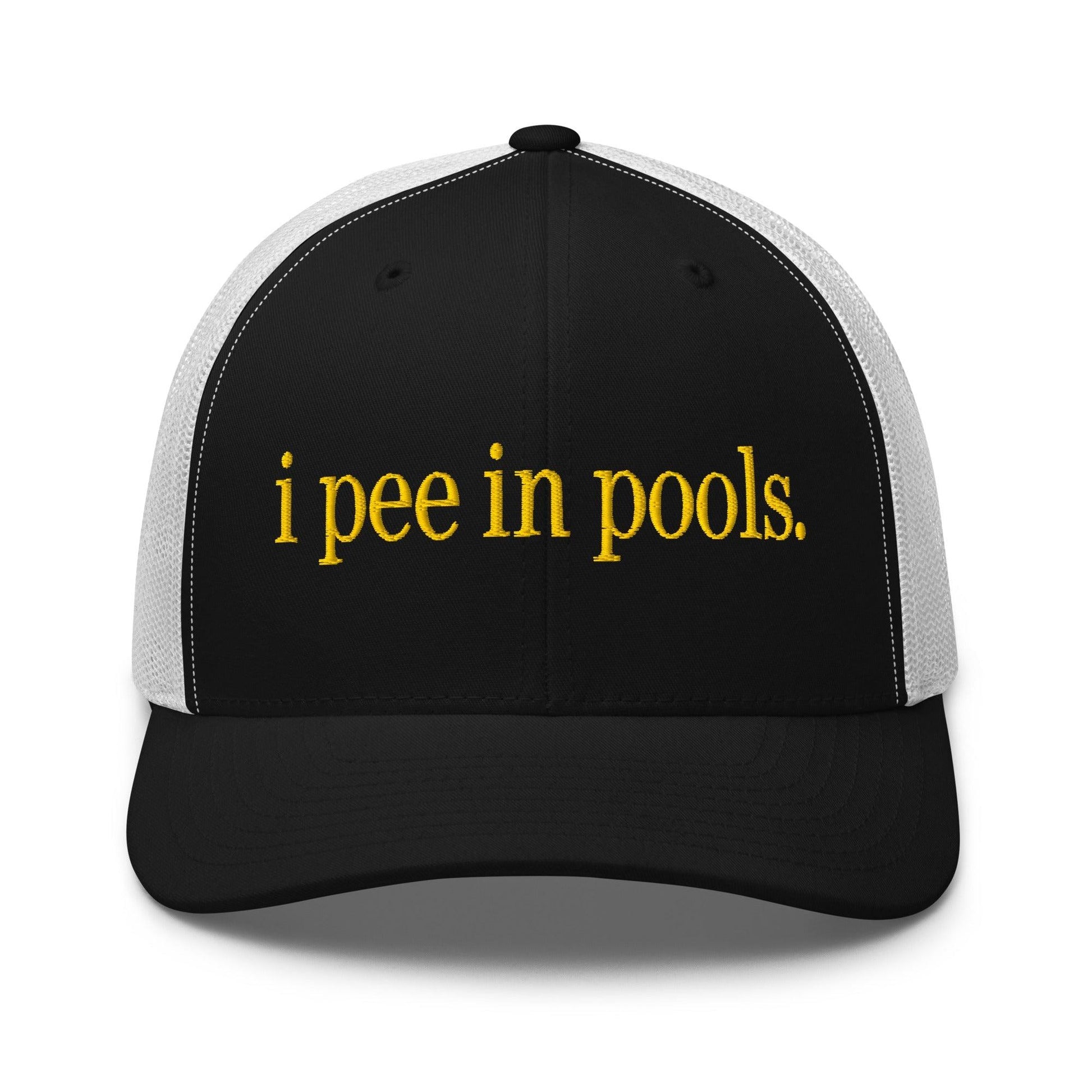 I Pee in Pools Embroidered Mesh Trucker Hat - Black/ White