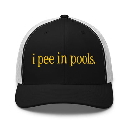 I Pee in Pools Embroidered Mesh Trucker Hat - Black/ White