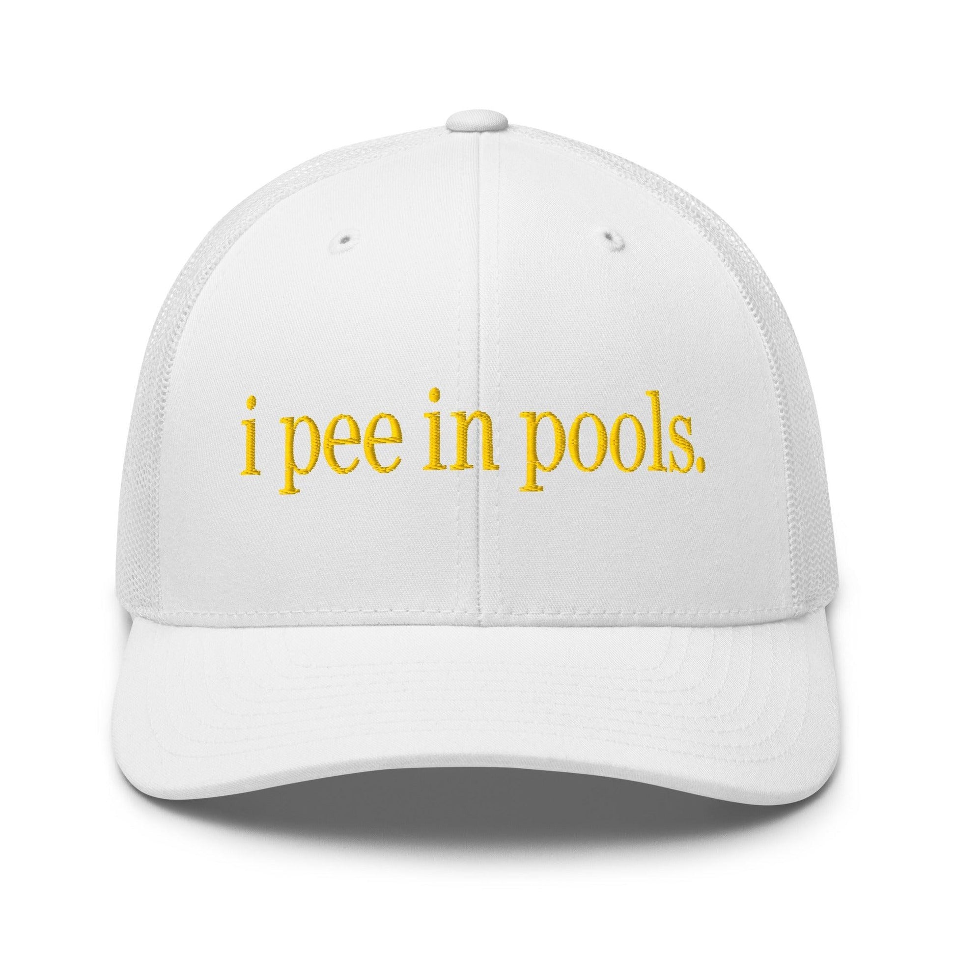 I Pee in Pools Embroidered Mesh Trucker Hat - White