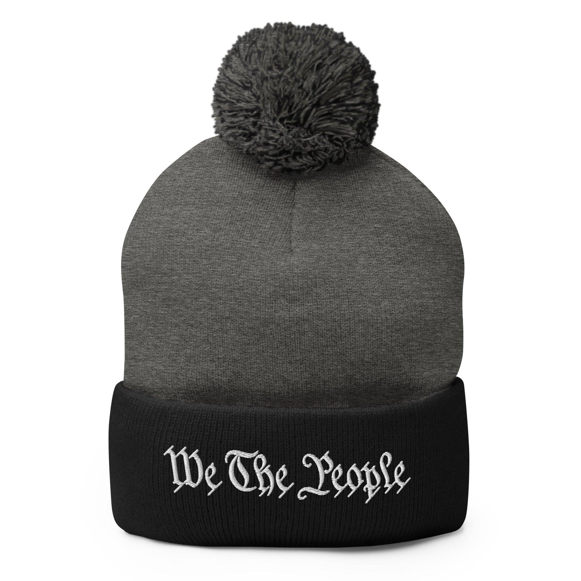 We The People Embroidered Knit Pom Beanie - Dark Heather Grey/ Black