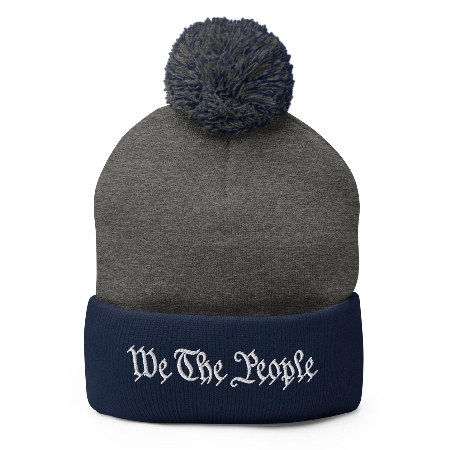 We The People Embroidered Knit Pom Beanie - Dark Heather Grey/ Navy