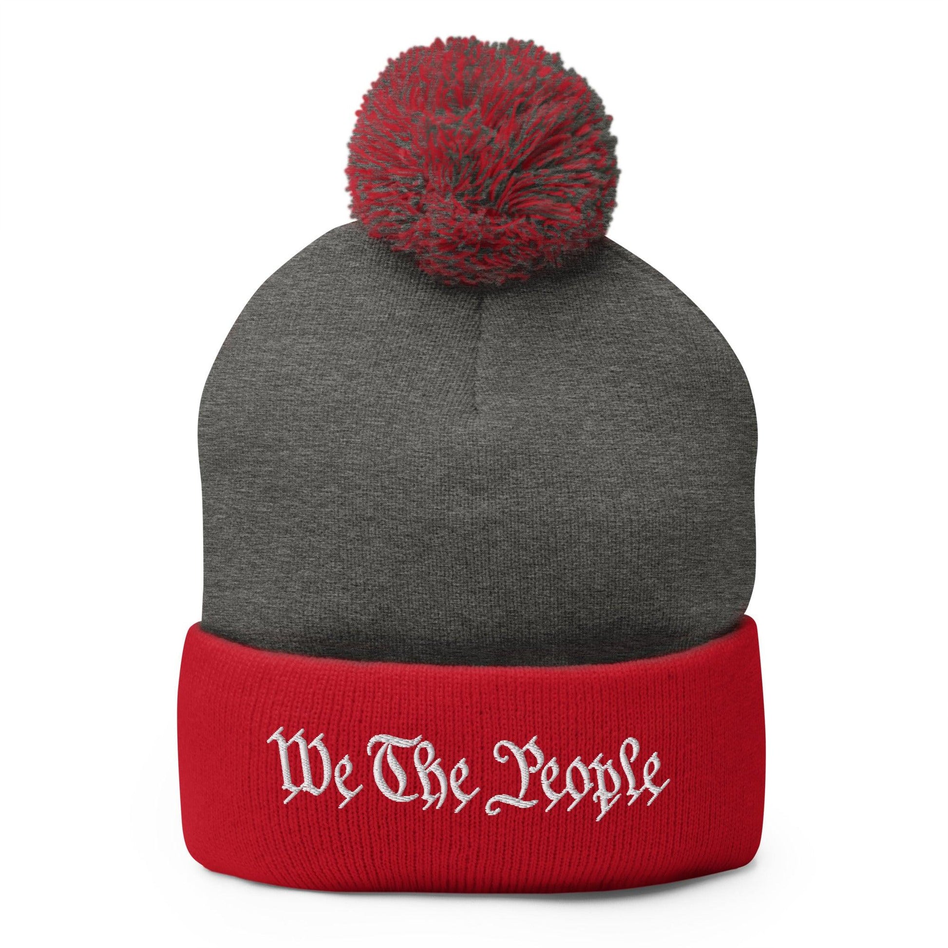 We The People Embroidered Knit Pom Beanie - Dark Heather Grey/ Red