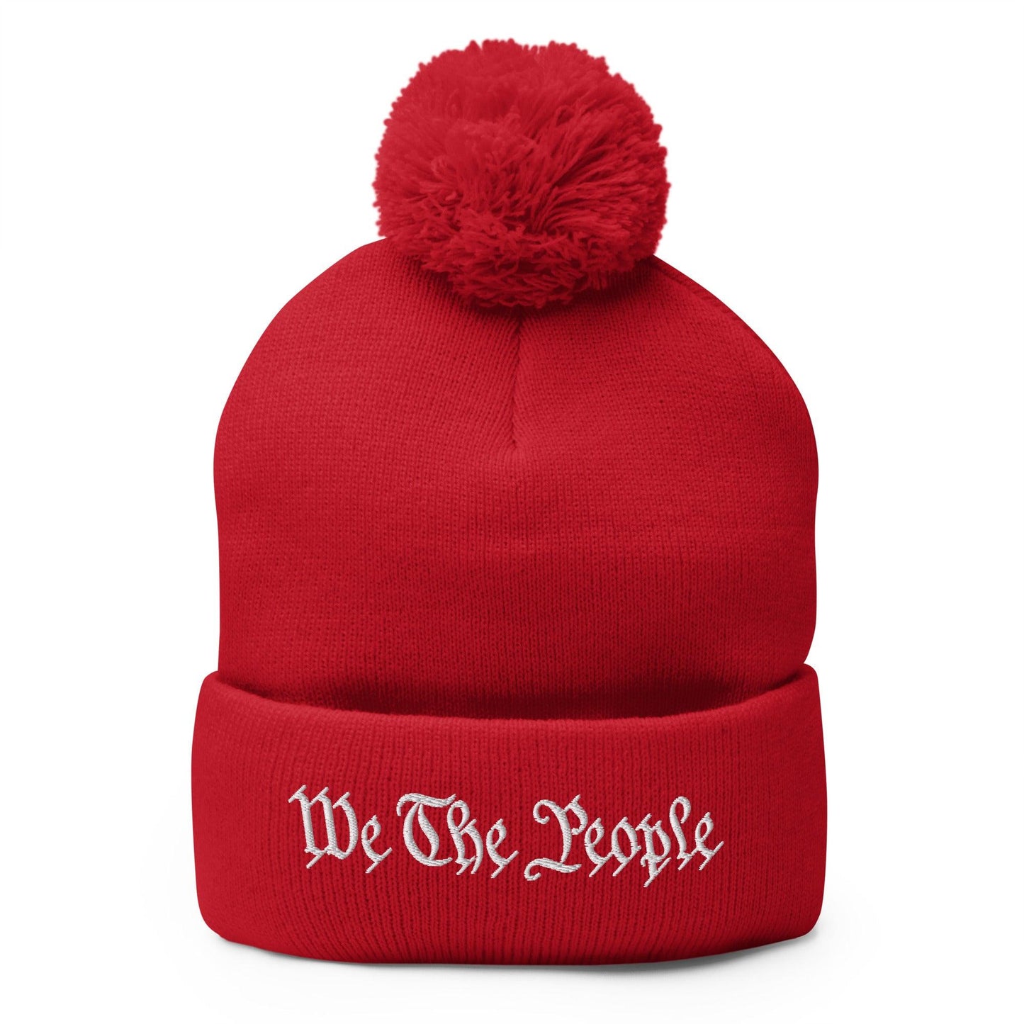 We The People Embroidered Knit Pom Beanie - Red