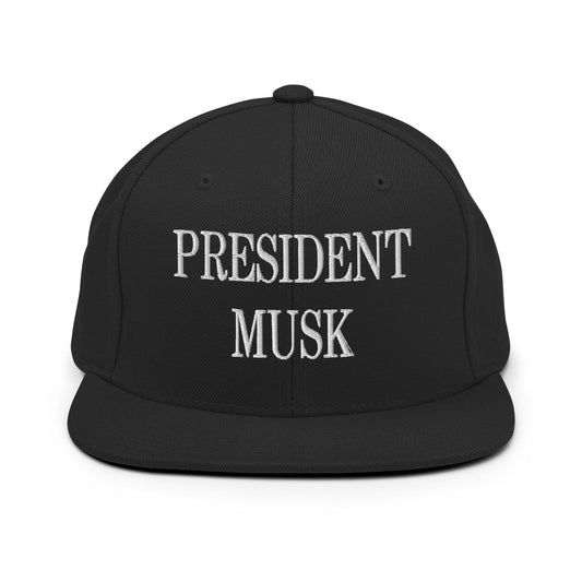 President Musk Embroidered Flat Bill Brim Snapback Hat - Black