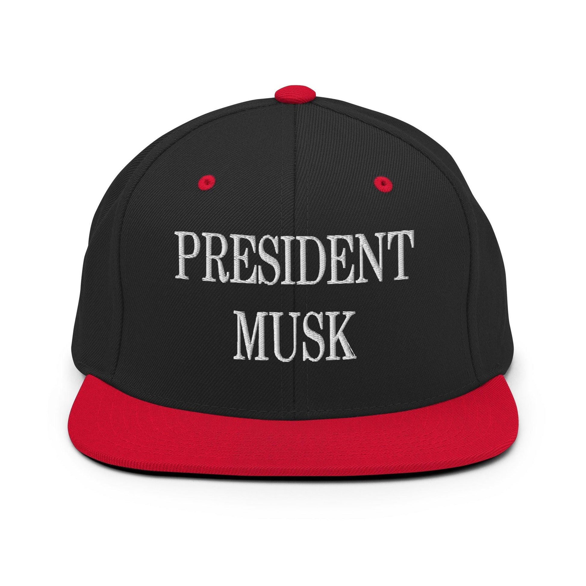President Musk Embroidered Flat Bill Brim Snapback Hat - Black/ Red