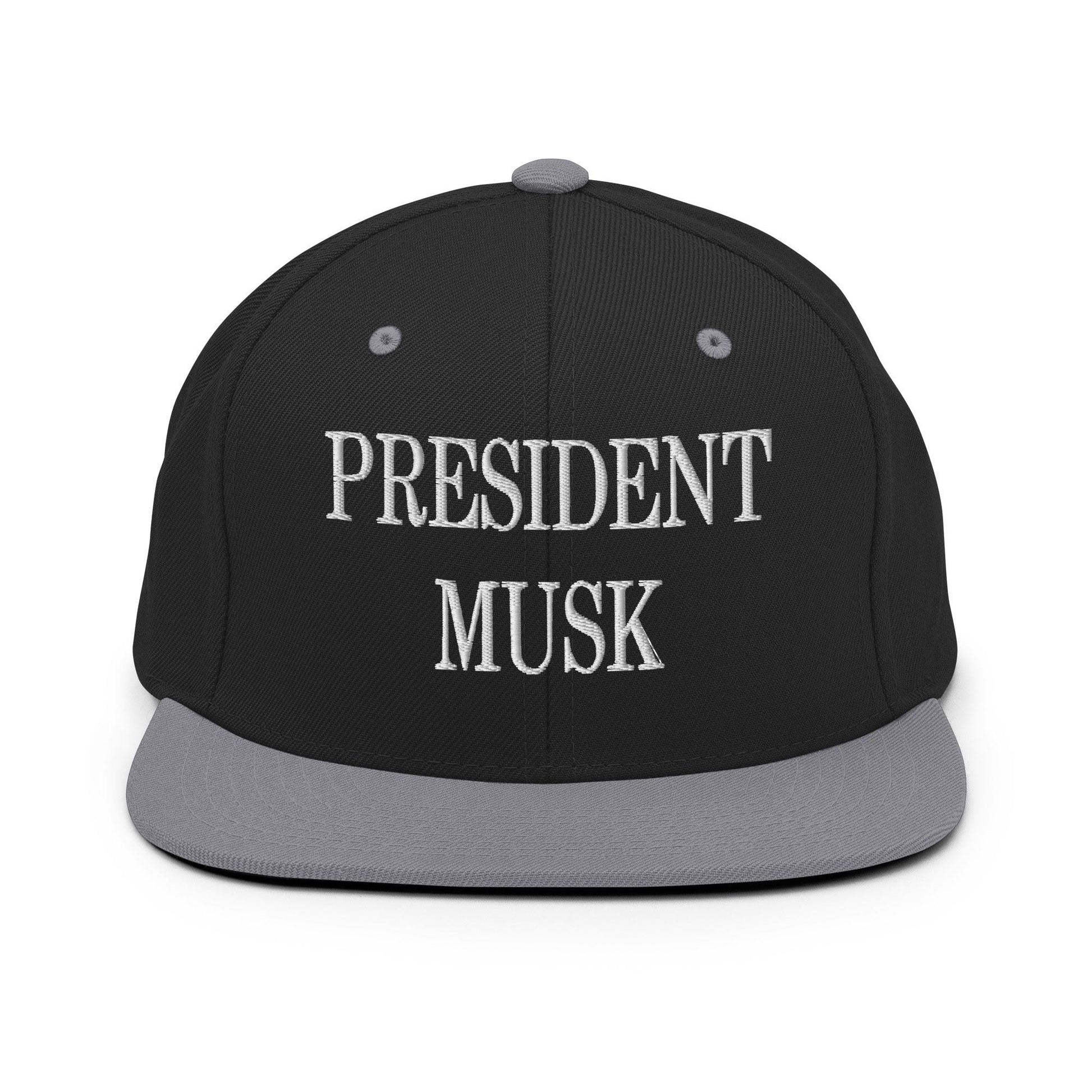 President Musk Embroidered Flat Bill Brim Snapback Hat - Black/ Silver