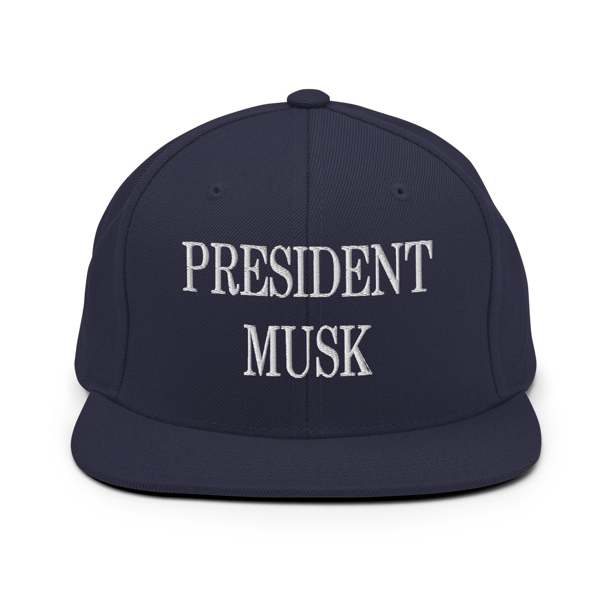 President Musk Embroidered Flat Bill Brim Snapback Hat - Navy