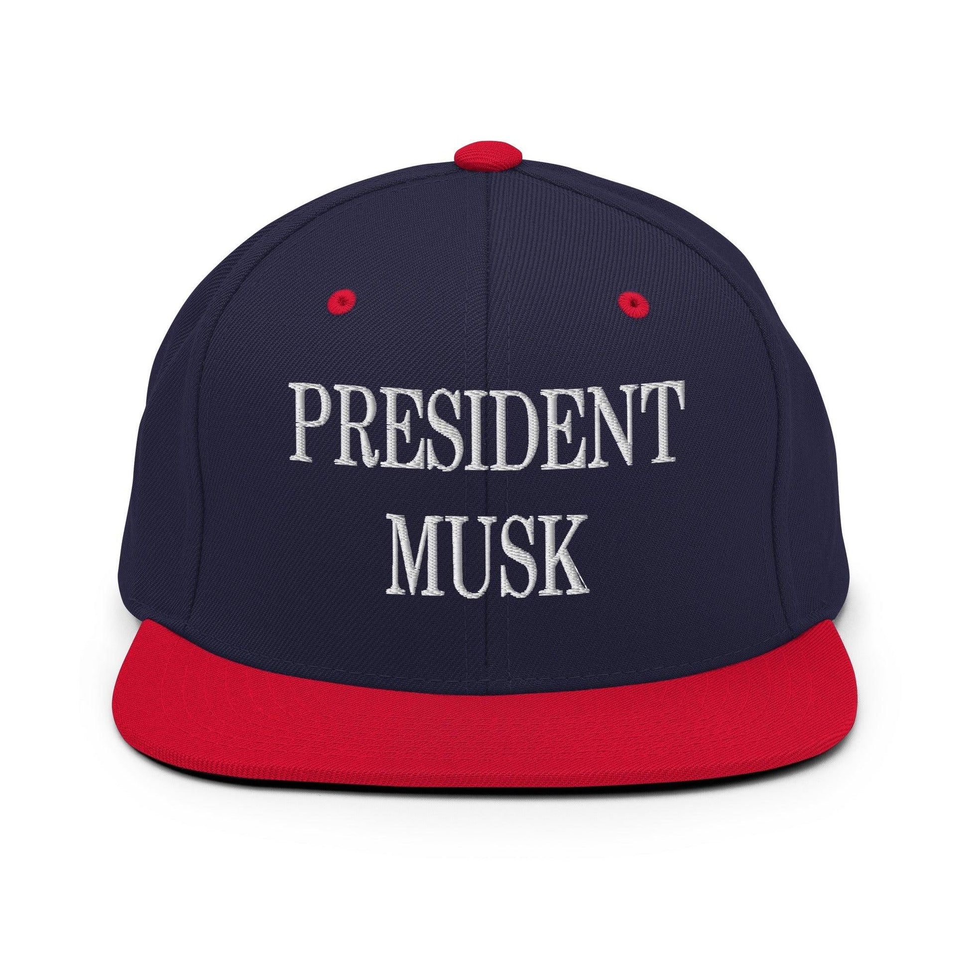 President Musk Embroidered Flat Bill Brim Snapback Hat - Navy/ Red