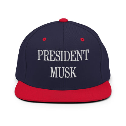 President Musk Embroidered Flat Bill Brim Snapback Hat - Navy/ Red