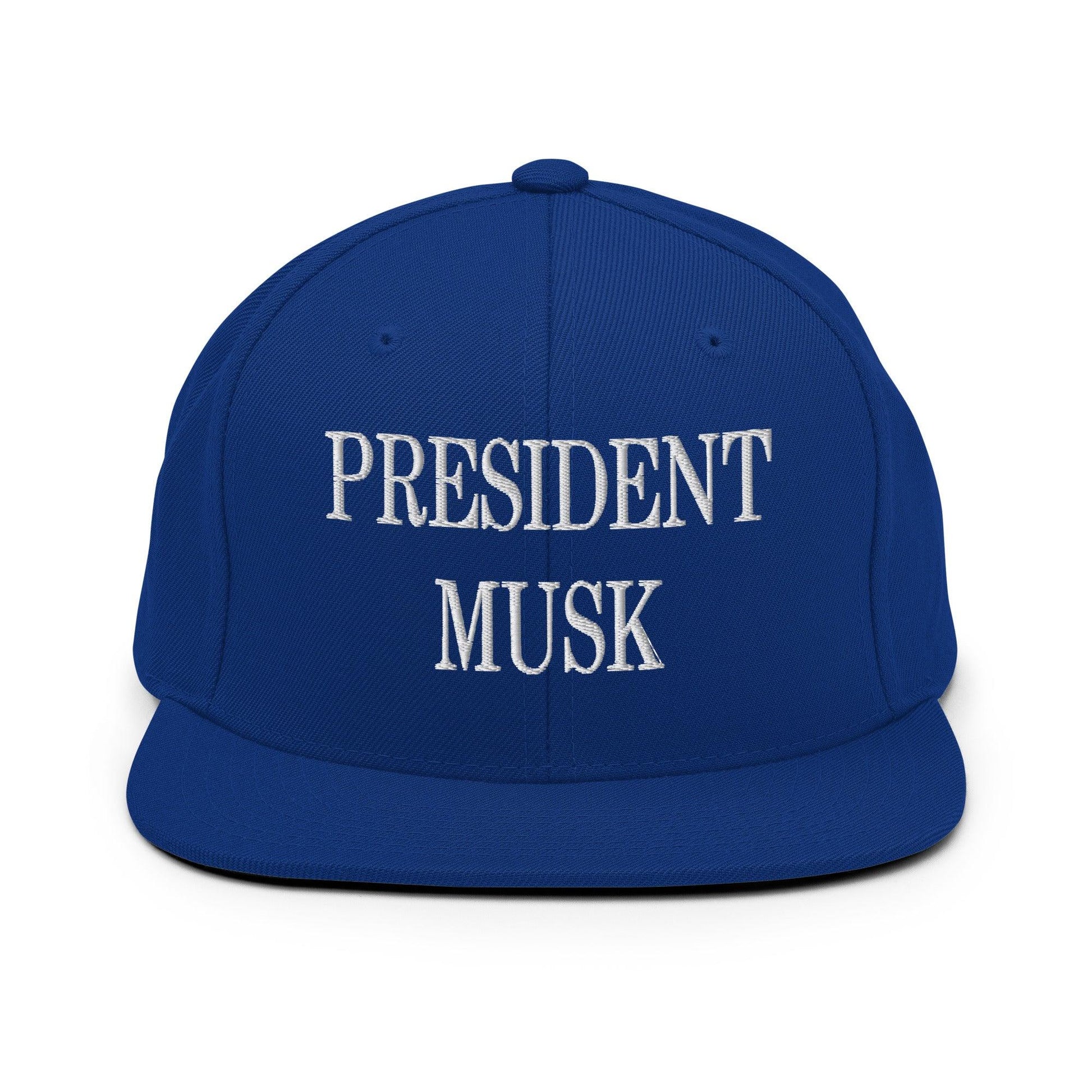 President Musk Embroidered Flat Bill Brim Snapback Hat - Royal Blue