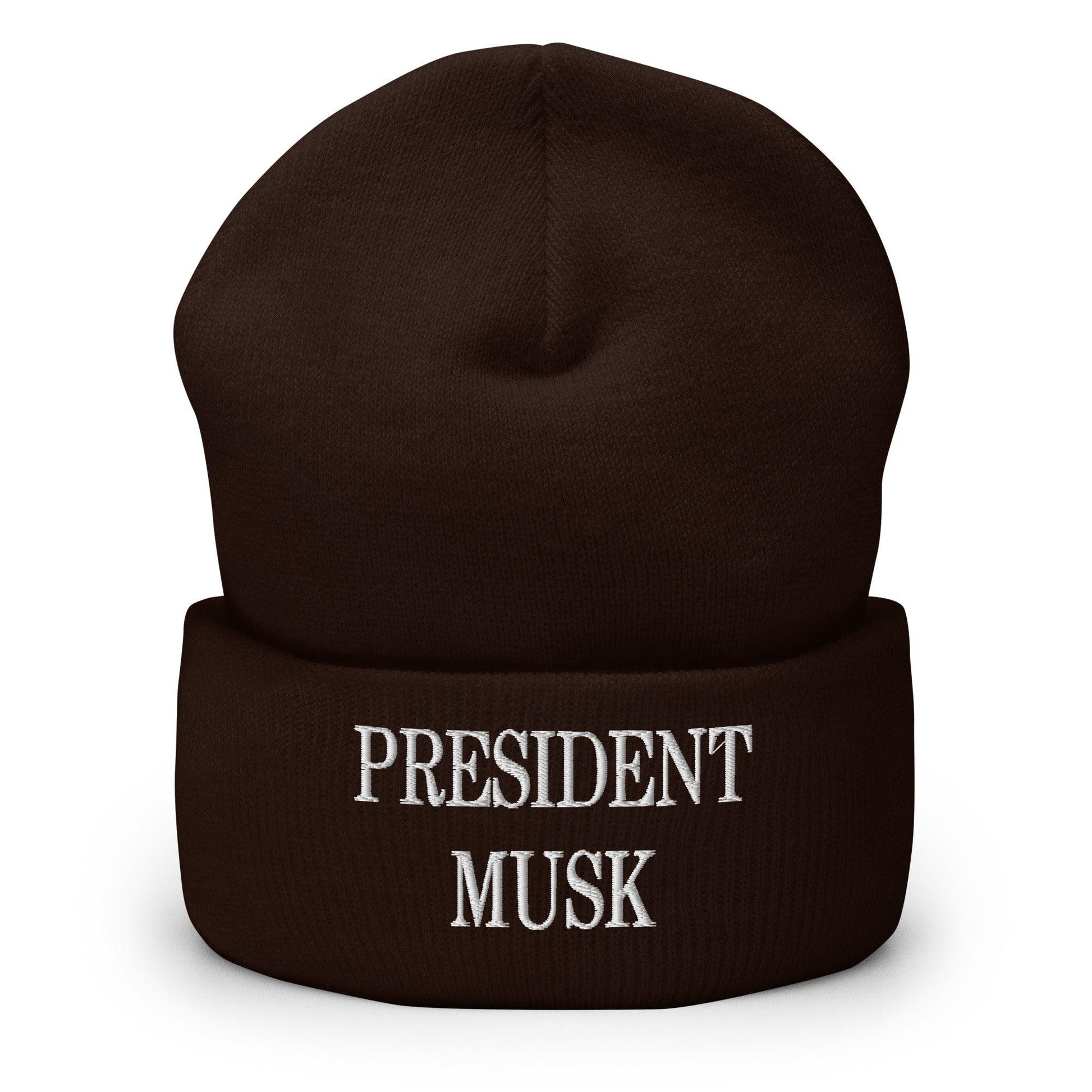 President Musk Embroidered Knit Cuffed Beanie - Brown