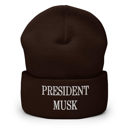 President Musk Embroidered Knit Cuffed Beanie - Brown