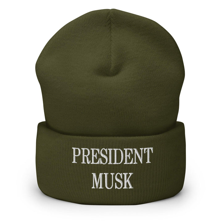 President Musk Embroidered Knit Cuffed Beanie - Olive