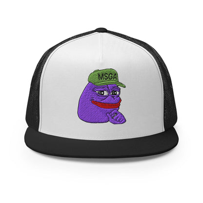 $PURPE Purple Pepe Embroidered Flat Bill Brim Mesh Trucker Hat - Black/ White/ Black - Hats