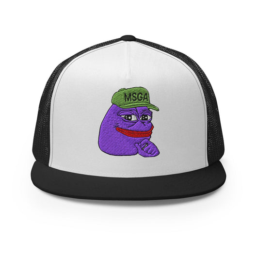 $PURPE Purple Pepe Embroidered Flat Bill Brim Mesh Trucker Hat - Black/ White/ Black - Hats