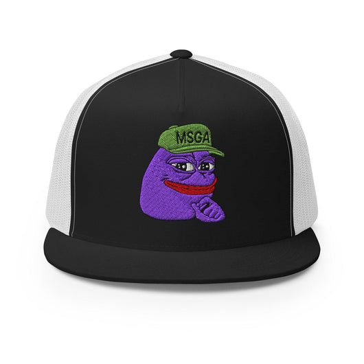 $PURPE Purple Pepe Embroidered Flat Bill Brim Mesh Trucker Hat - Black/ White - Hats
