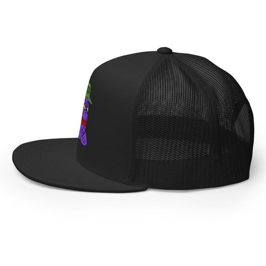 $PURPE Purple Pepe Embroidered Flat Bill Brim Mesh Trucker Hat - Hats