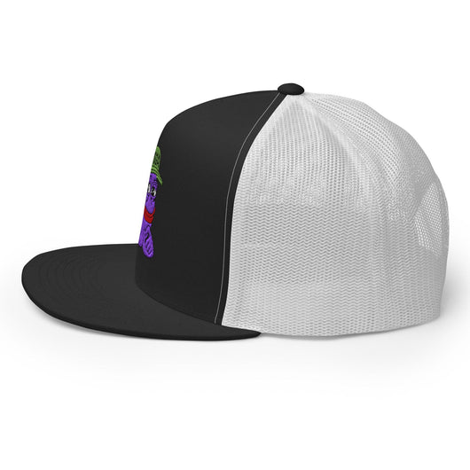 $PURPE Purple Pepe Embroidered Flat Bill Brim Mesh Trucker Hat - Hats