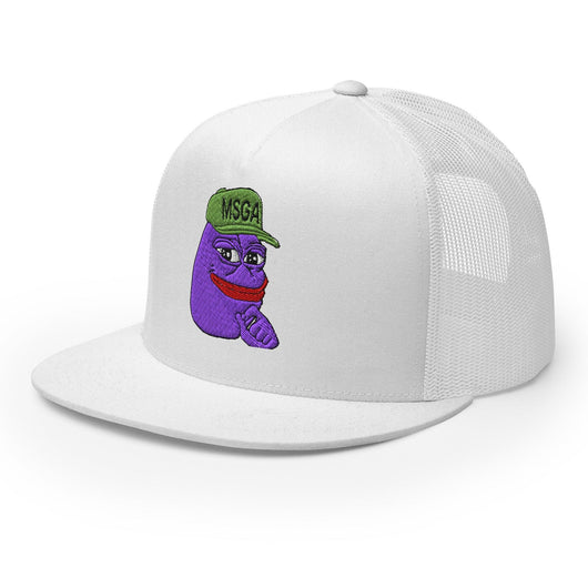 $PURPE Purple Pepe Embroidered Flat Bill Brim Mesh Trucker Hat - Hats