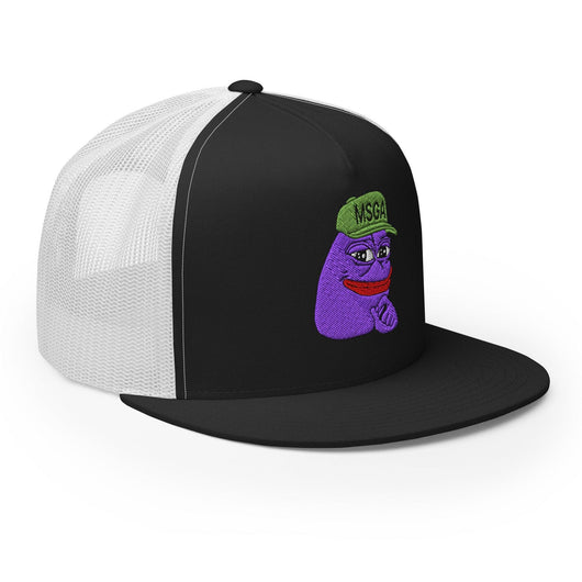 $PURPE Purple Pepe Embroidered Flat Bill Brim Mesh Trucker Hat - Hats
