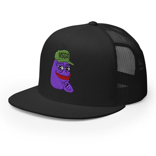 $PURPE Purple Pepe Embroidered Flat Bill Brim Mesh Trucker Hat - Hats