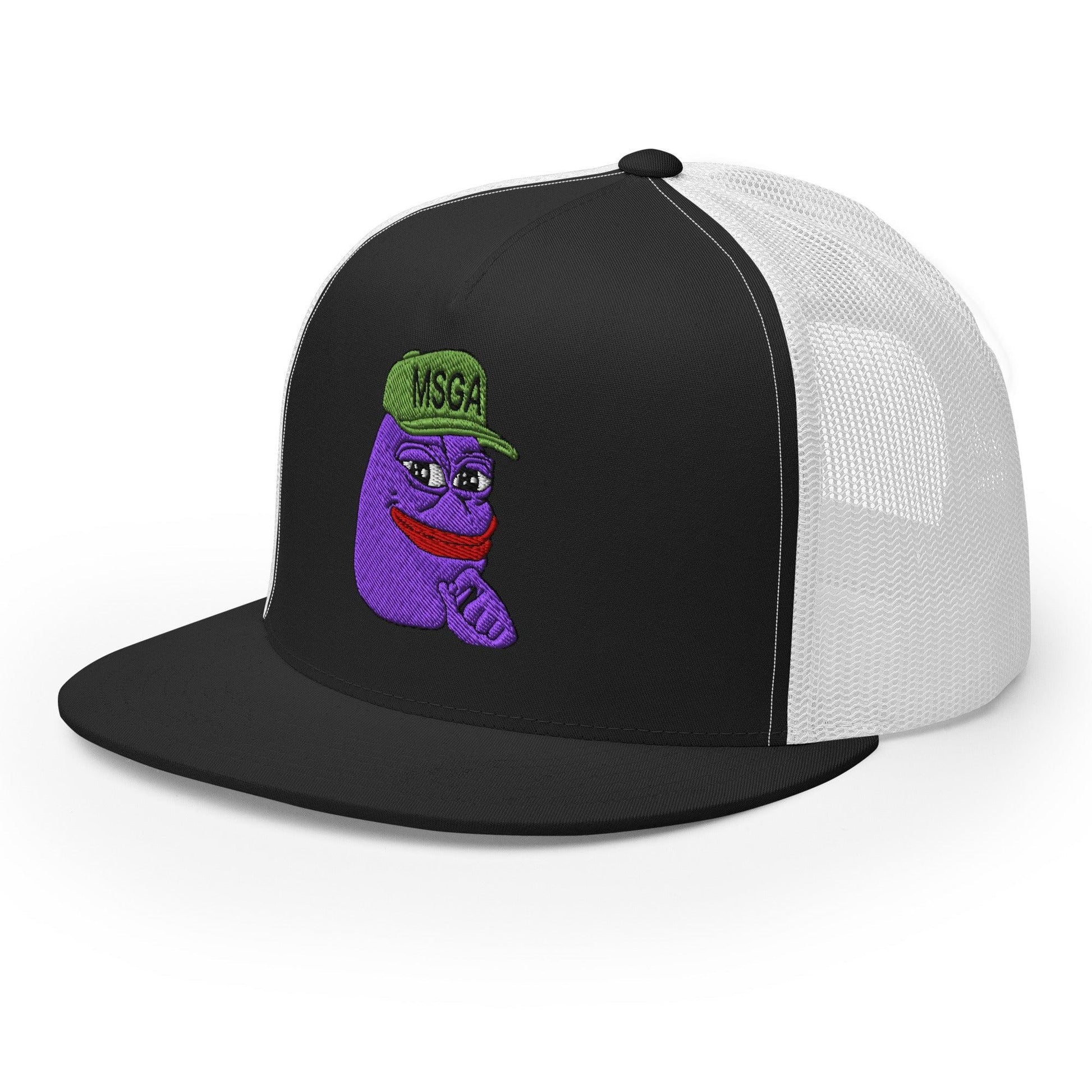 $PURPE Purple Pepe Embroidered Flat Bill Brim Mesh Trucker Hat - Hats