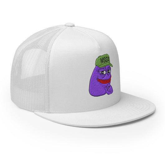 $PURPE Purple Pepe Embroidered Flat Bill Brim Mesh Trucker Hat - Hats