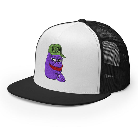 $PURPE Purple Pepe Embroidered Flat Bill Brim Mesh Trucker Hat - Hats