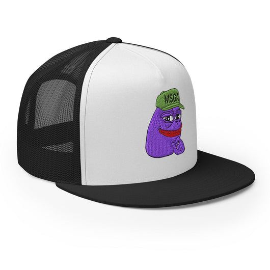 $PURPE Purple Pepe Embroidered Flat Bill Brim Mesh Trucker Hat - Hats