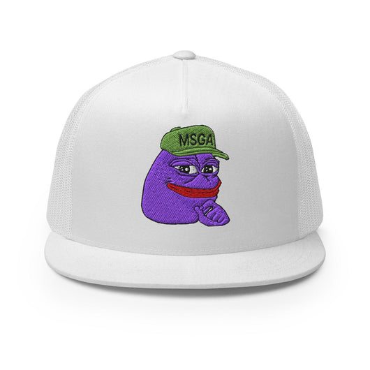 $PURPE Purple Pepe Embroidered Flat Bill Brim Mesh Trucker Hat - White - Hats