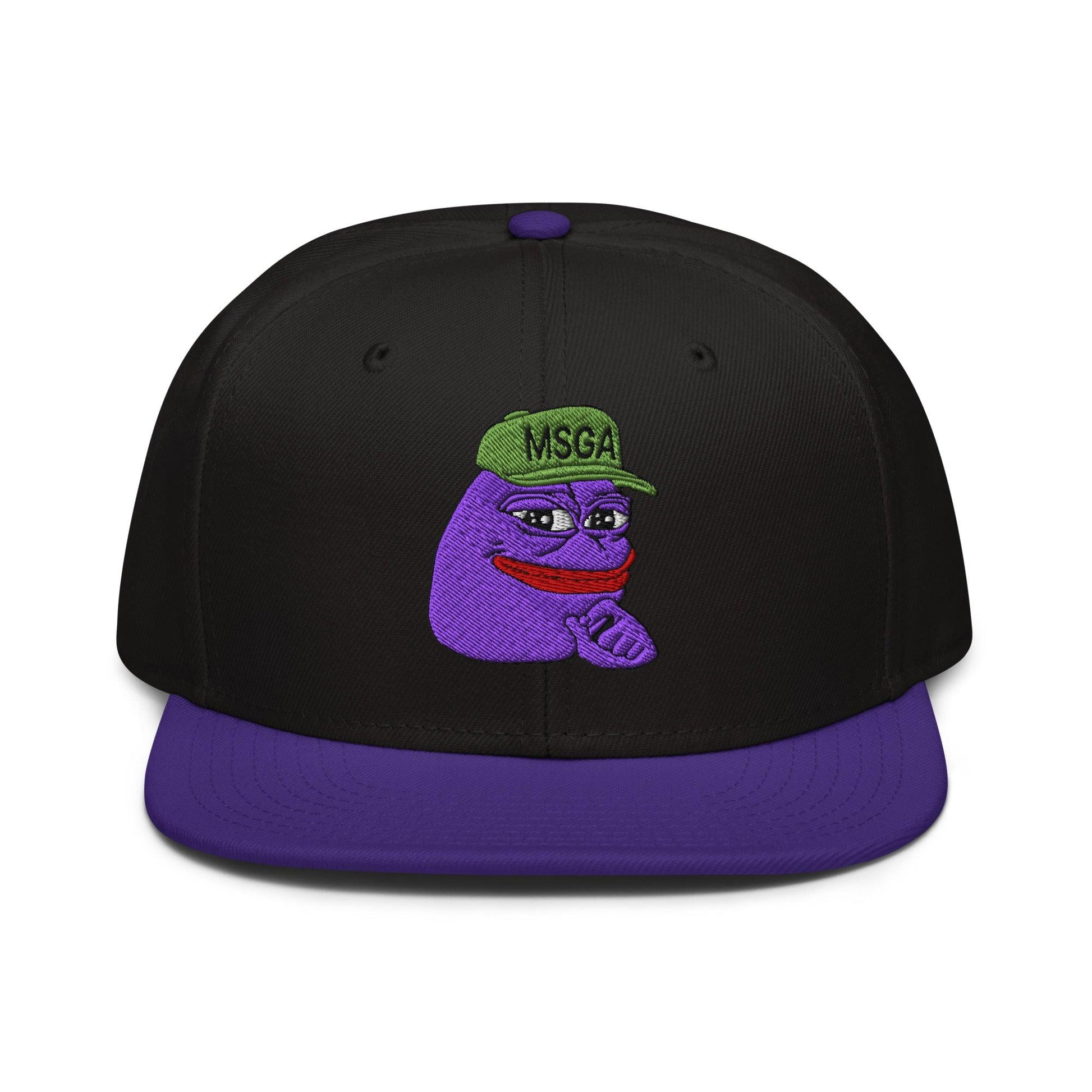 $PURPE Purple Pepe Embroidered Flat Bill Brim Snapback Hat - Black / Hats