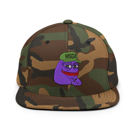 $PURPE Purple Pepe Embroidered Flat Brim Bill Snapback Hat - Green Camo - Hats