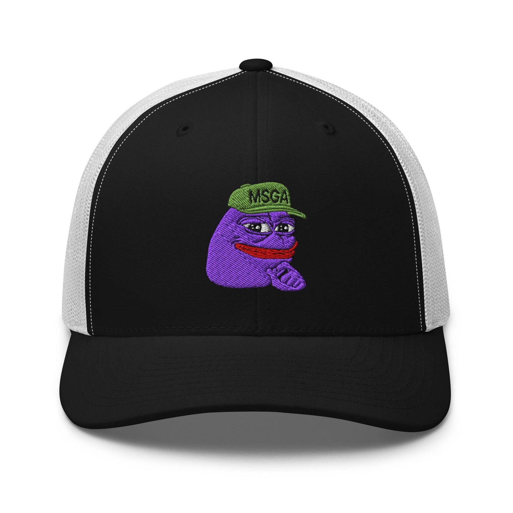 $PURPE Purple Pepe Embroidered Mesh Trucker Hat - Black/ White