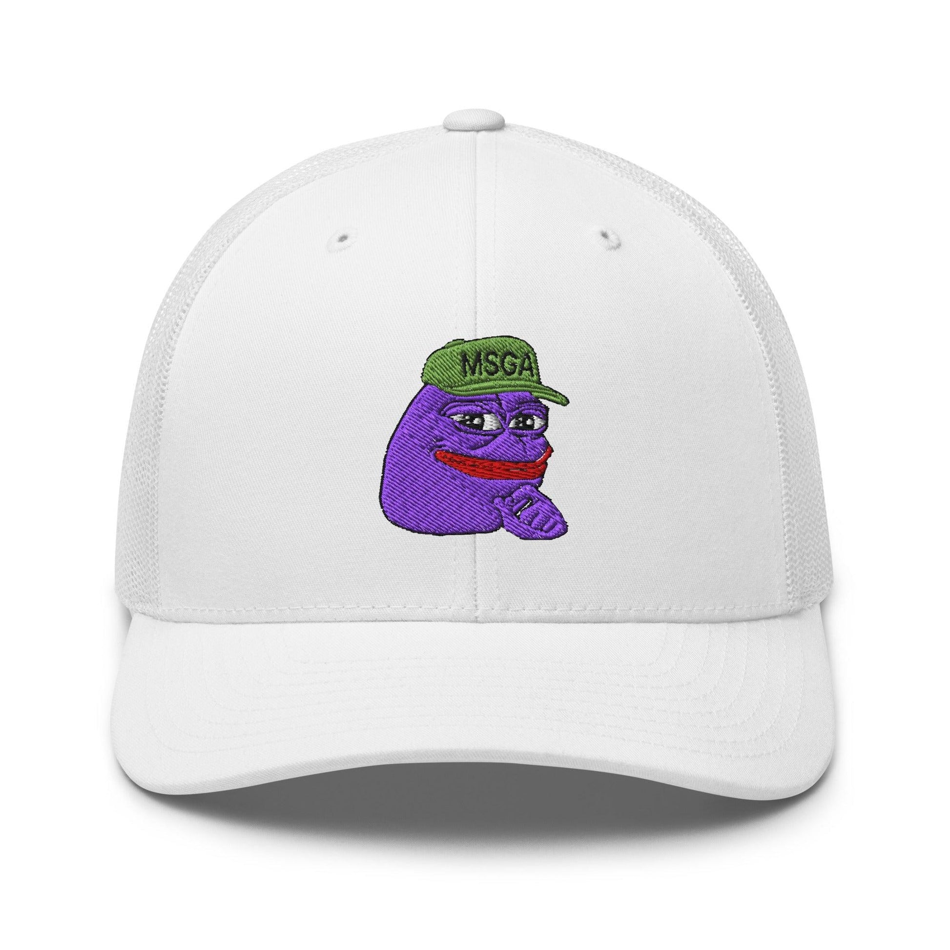 $PURPE Purple Pepe Embroidered Mesh Trucker Hat - White