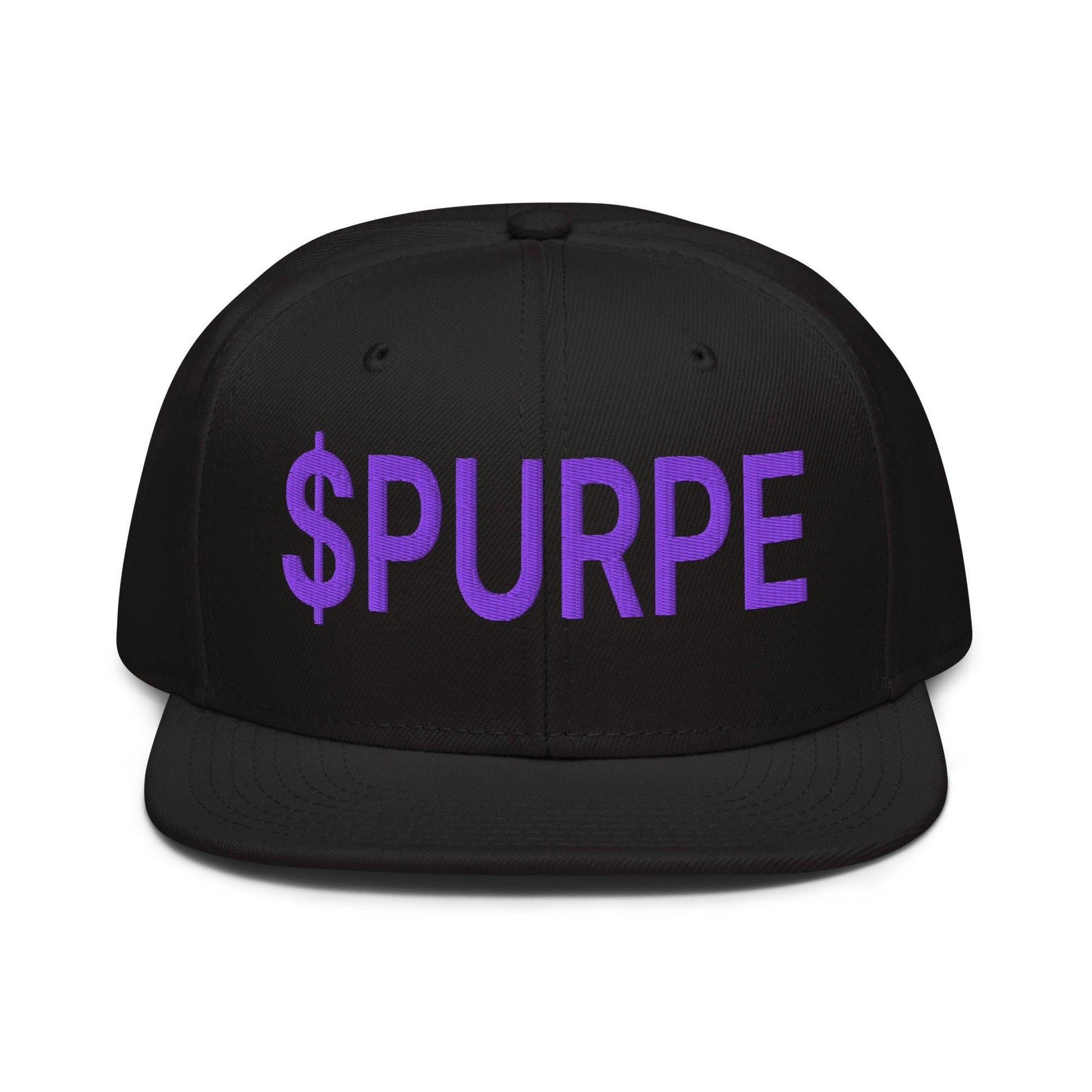 Purple Pepe $PURPE Embroidered Flat Bill Brim Snapback Hat - Black