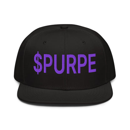 Purple Pepe $PURPE Embroidered Flat Bill Brim Snapback Hat - Black