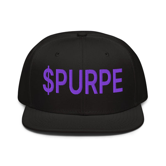 Purple Pepe $PURPE Embroidered Flat Bill Brim Snapback Hat - Black