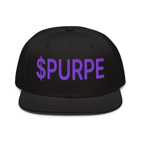 Purple Pepe $PURPE Embroidered Flat Bill Brim Snapback Hat - Black