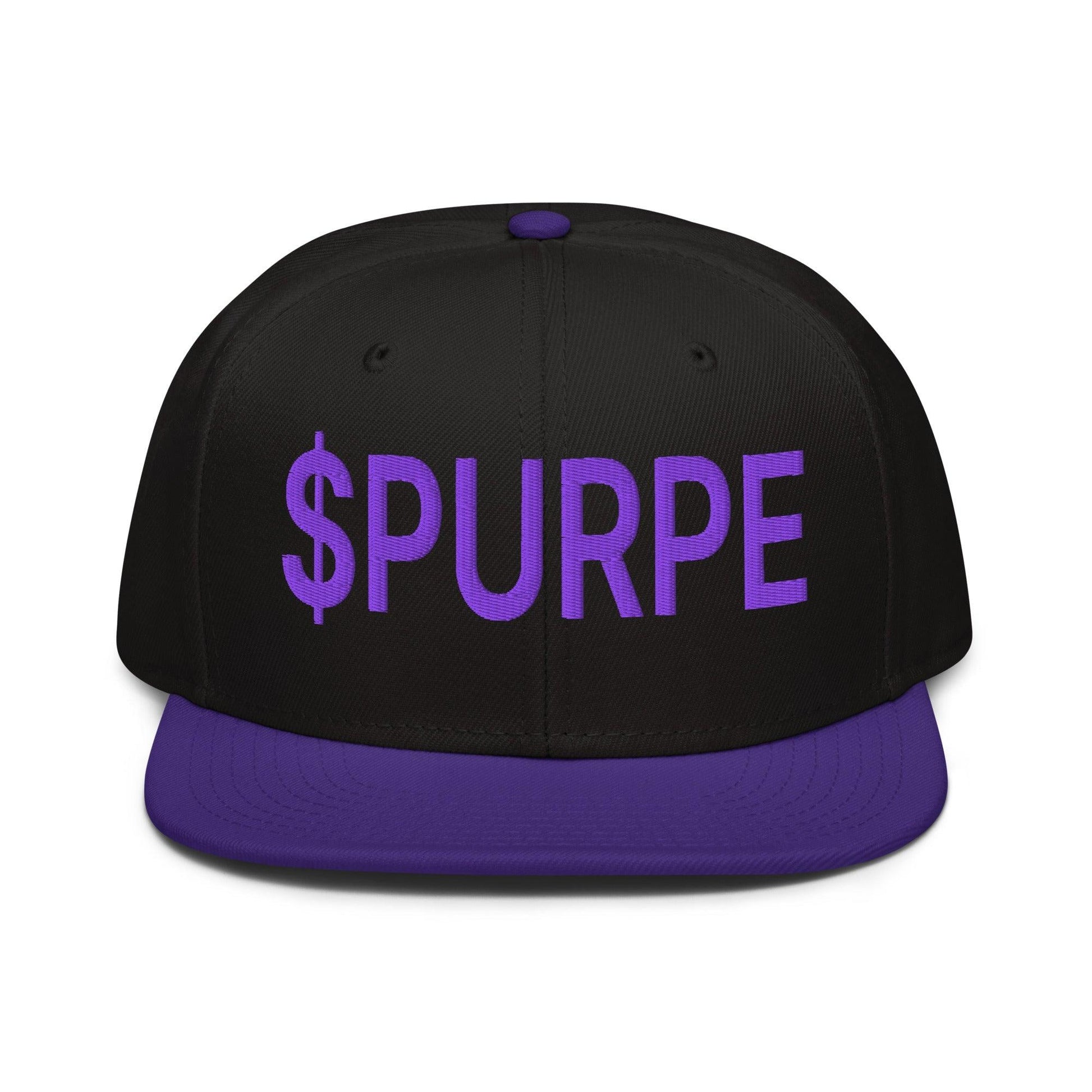 Purple Pepe $PURPE Embroidered Flat Bill Brim Snapback Hat - Black