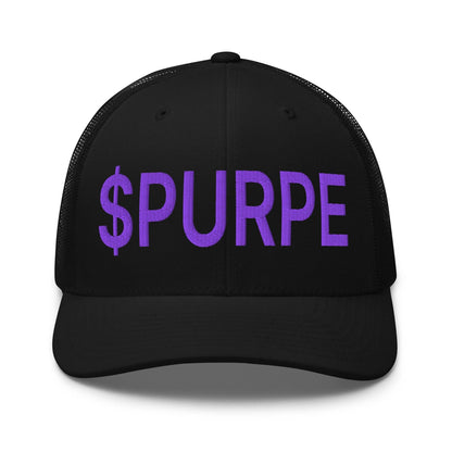 Purple Pepe $PURPE Embroidered Mesh Trucker Hat - Black