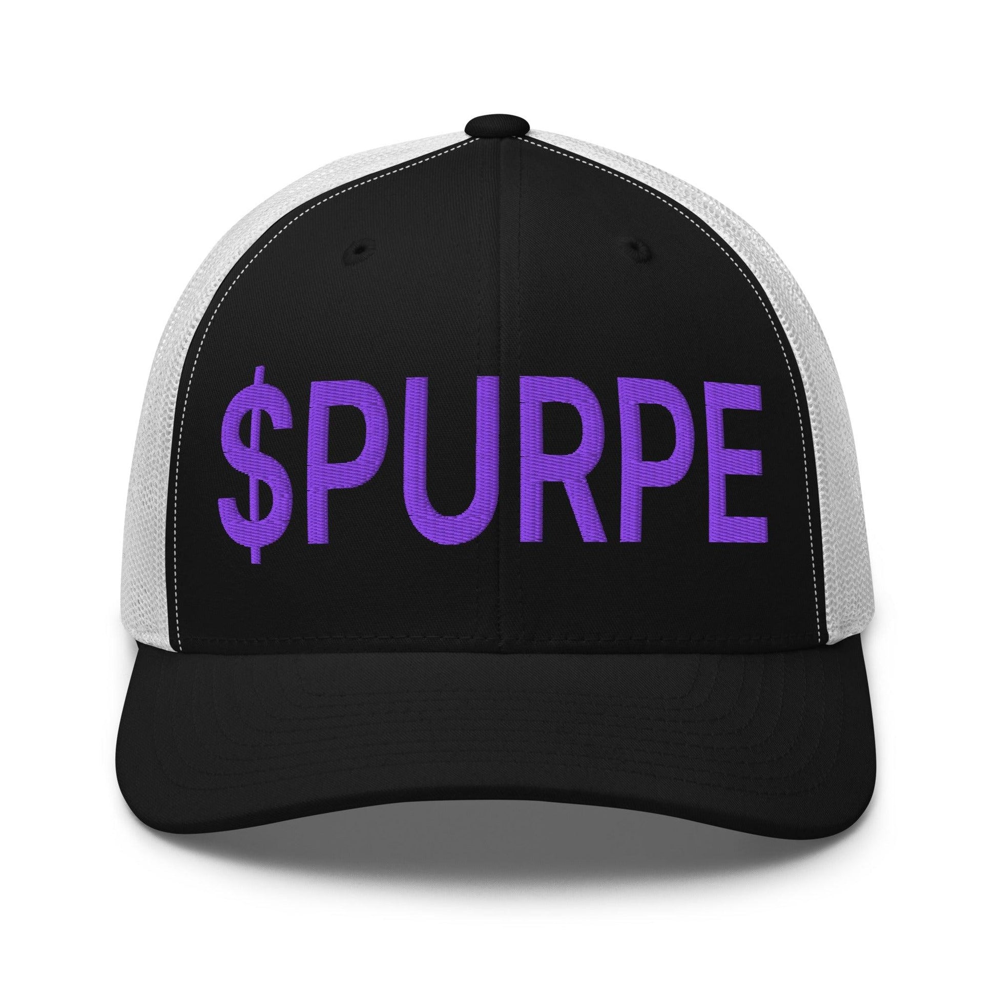 Purple Pepe $PURPE Embroidered Mesh Trucker Hat - Black/ White