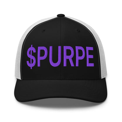Purple Pepe $PURPE Embroidered Mesh Trucker Hat - Black/ White