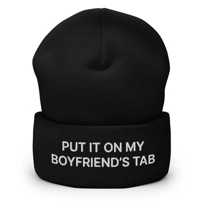 Put It on My Boyfriend’s Tab Embroidered Knit Cuffed Beanie - Black