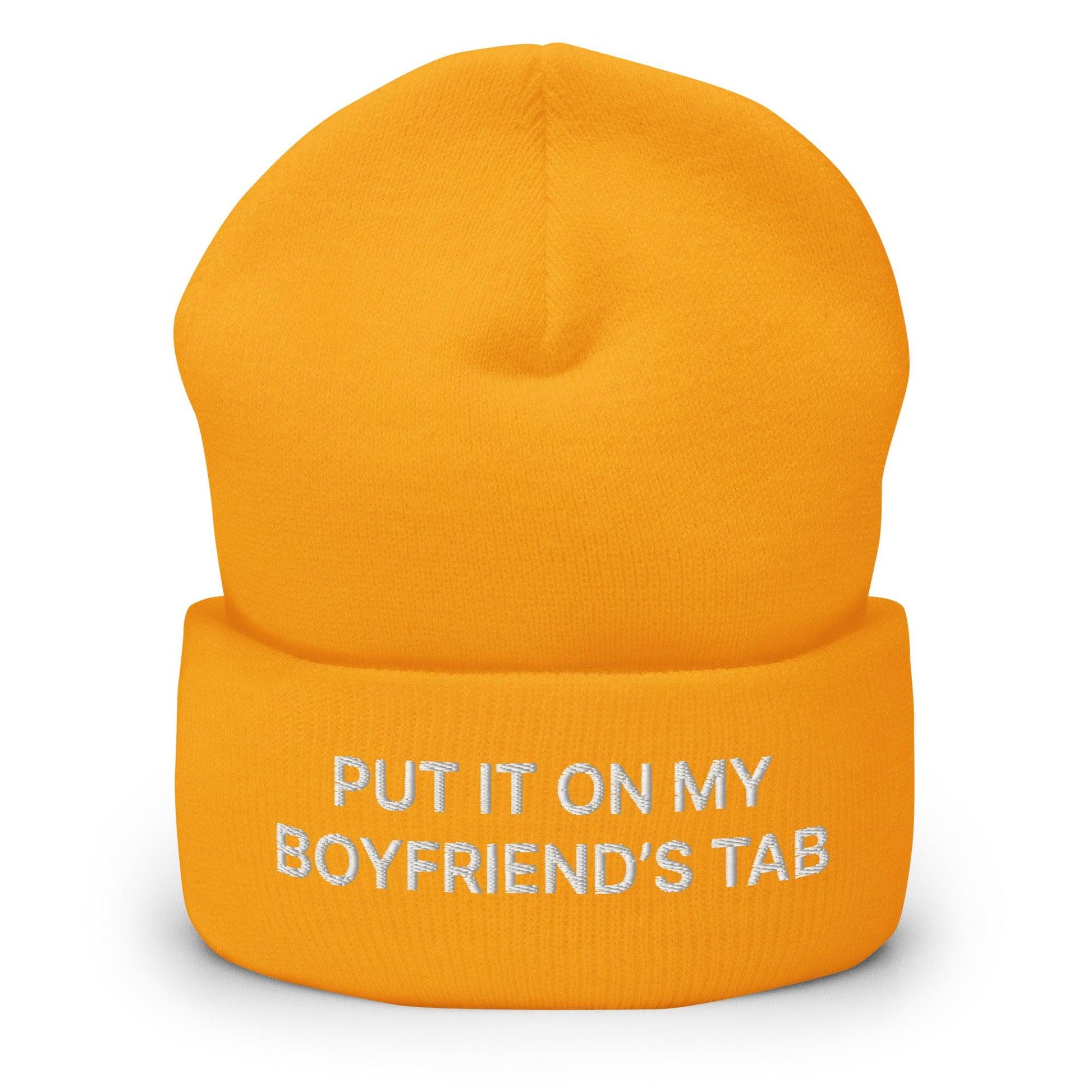 Put It on My Boyfriend’s Tab Embroidered Knit Cuffed Beanie - Gold