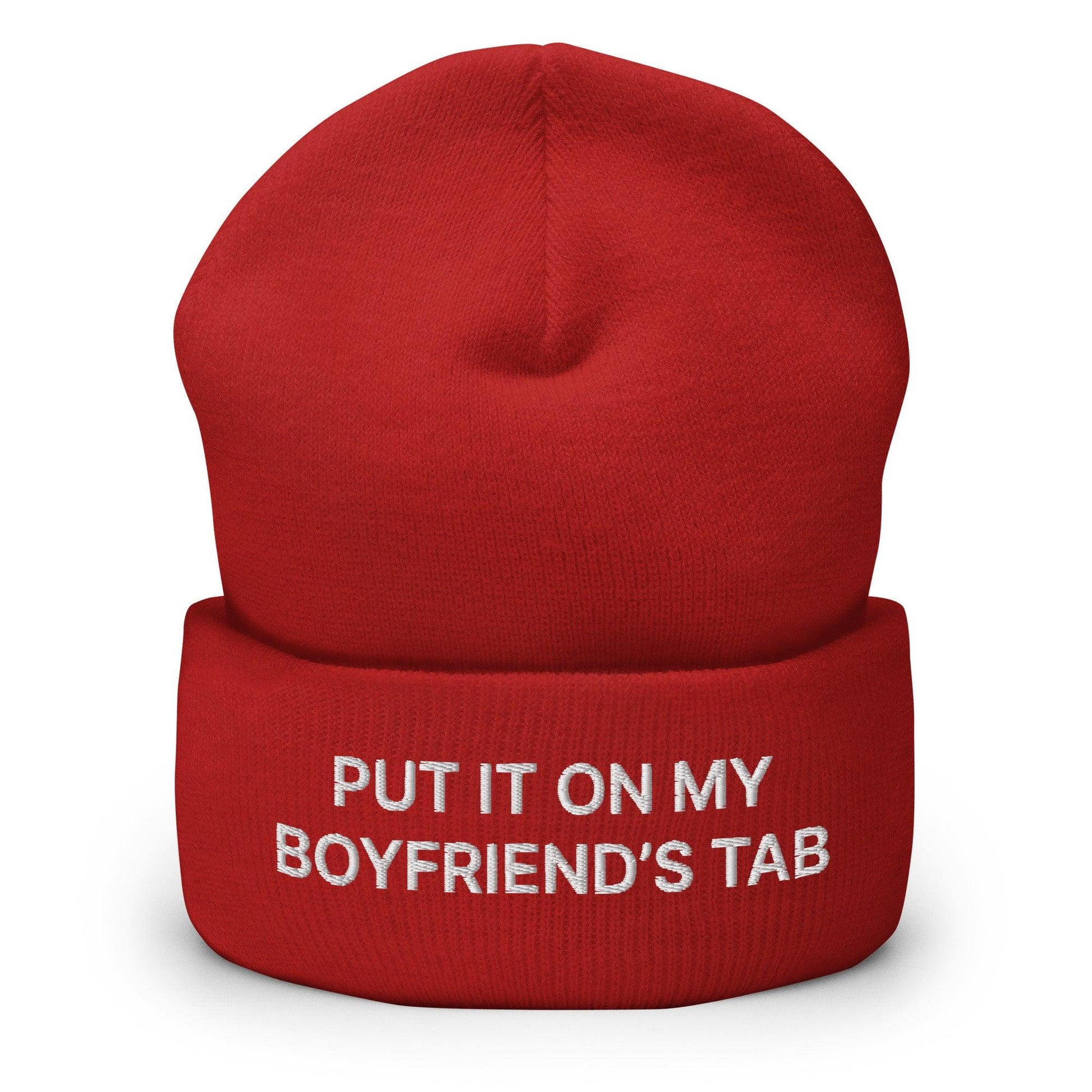 Put It on My Boyfriend’s Tab Embroidered Knit Cuffed Beanie - Red