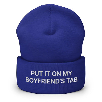 Put It on My Boyfriend’s Tab Embroidered Knit Cuffed Beanie - Royal