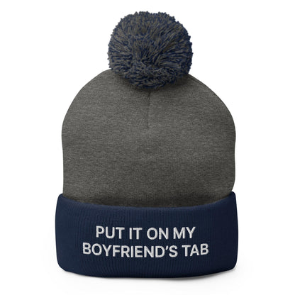 Put It on My Boyfriend’s Tab Embroidered Knit Pom Beanie - Dark Heather Grey/ Navy