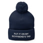 Put It on My Boyfriend’s Tab Embroidered Knit Pom Beanie - Navy