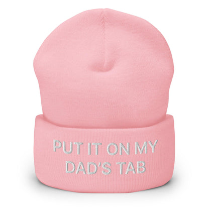 Put It on My Dad’s Tab Embroidered Knit Cuffed Beanie - Baby Pink
