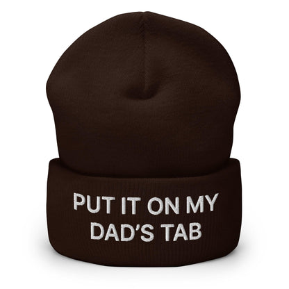Put It on My Dad’s Tab Embroidered Knit Cuffed Beanie - Brown